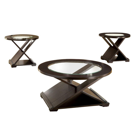 3 Piece Round Glass Coffee Table and End Table with X Shaped Base, Brown By Casagear Home