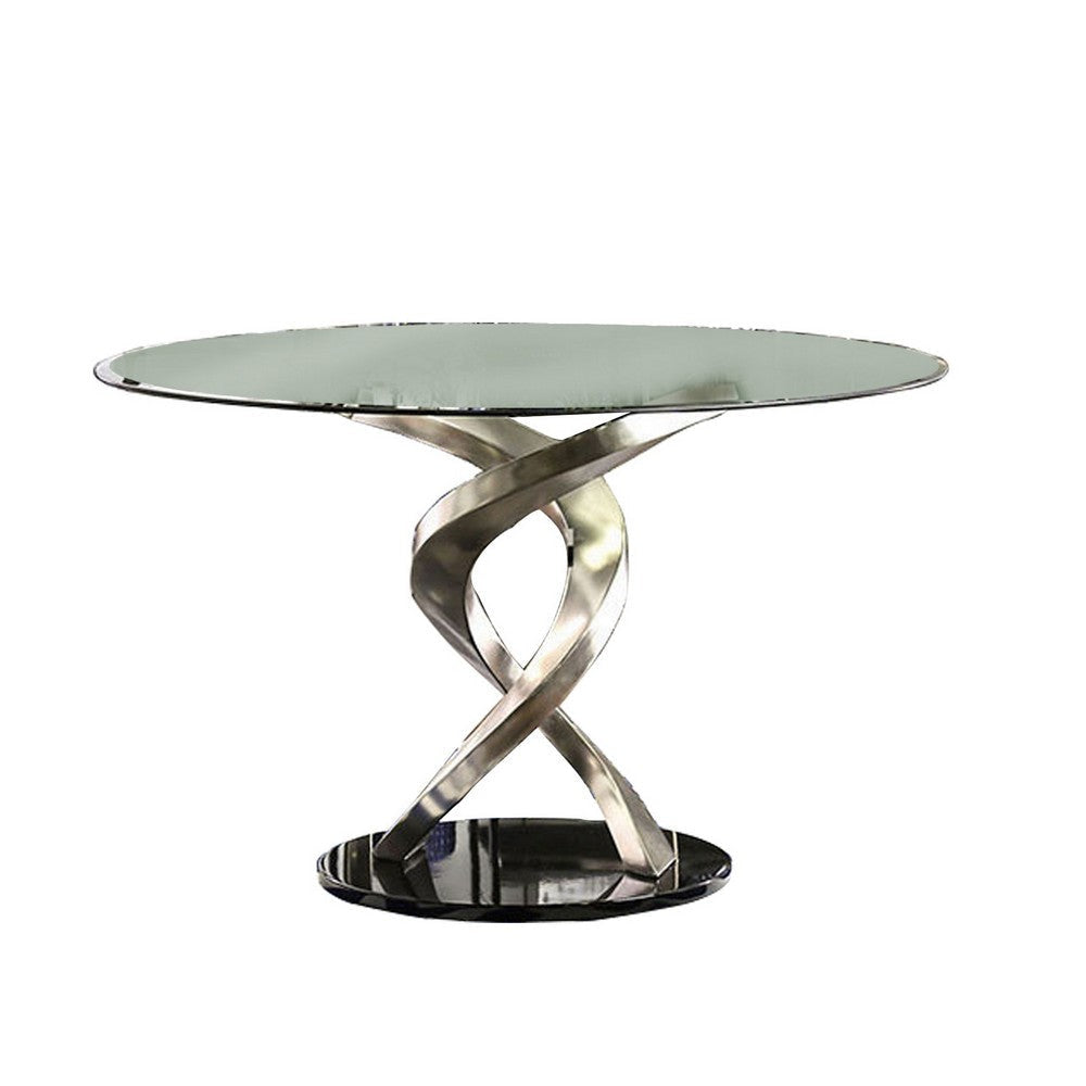 Contemporary Round Dining Table with Swirl Metal Base, Black and Silver By Casagear Home