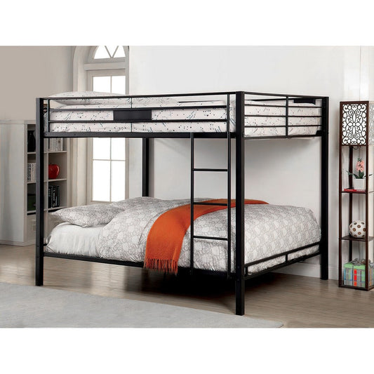 Horizontal Slatted Metal Queen Over Queen Bunk Bed with Ladder, Black By Casagear Home