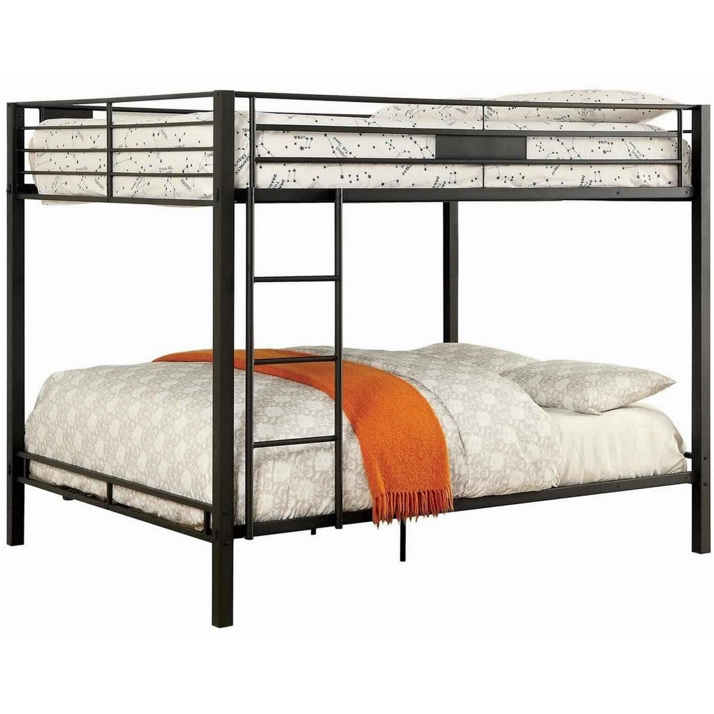 Horizontal Slatted Metal Queen Over Queen Bunk Bed with Ladder, Black By Casagear Home