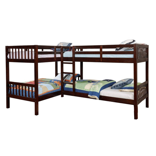 Wooden L Shaped Twin Quad Bunk Bed with Attached Ladder, Brown By Casagear Home