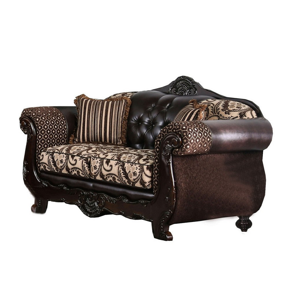 Traditional Wooden Loveseat with Button Tufted Backrest, Beige and Brown By Casagear Home