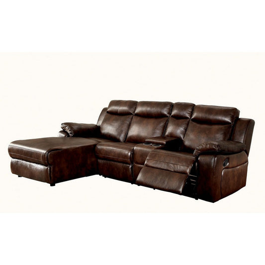 Leatherette Reclining Sectional Sofa with Chaise and Console, Brown By Casagear Home