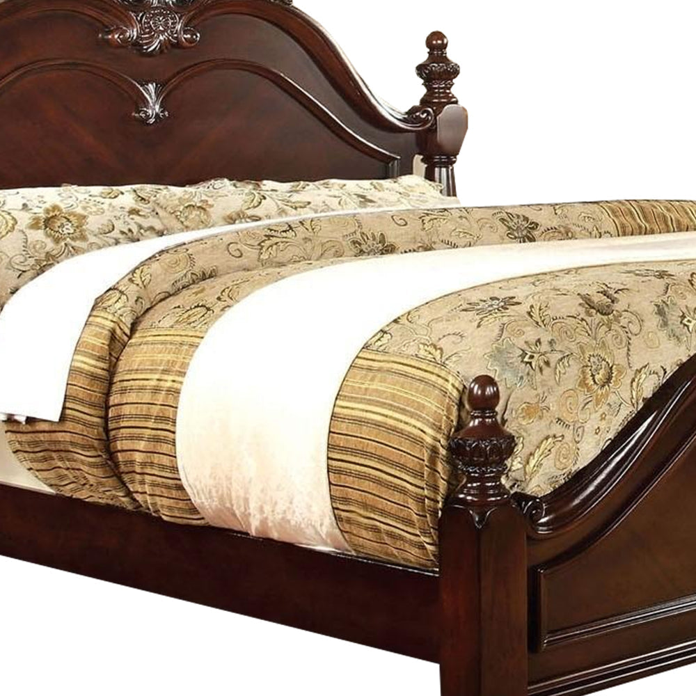 Baroque Style Wooden Queen Size Bed with Scalloped Top Cherry Brown By Casagear Home BM217696