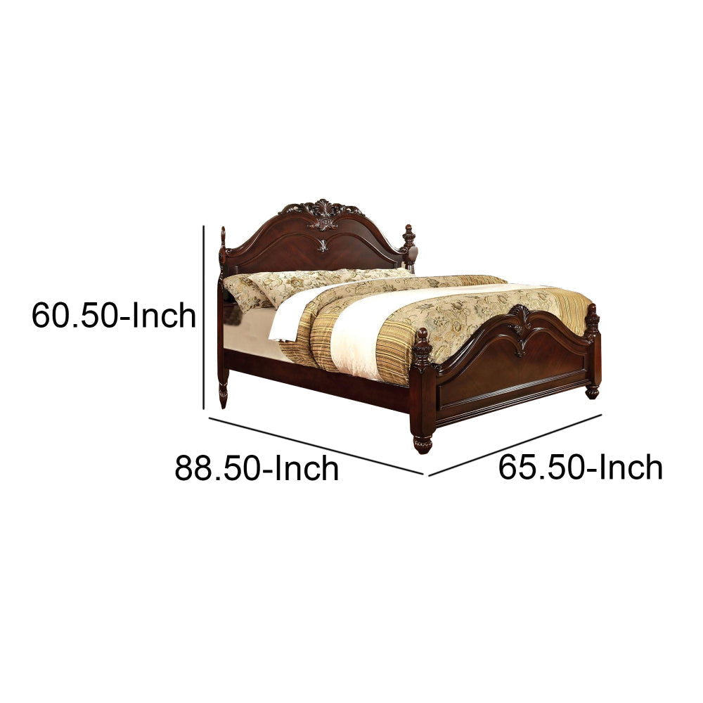 Baroque Style Wooden Queen Size Bed with Scalloped Top Cherry Brown By Casagear Home BM217696