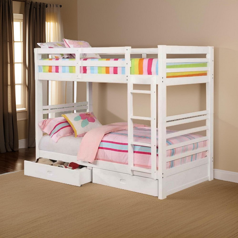 Transitional Twin Over Twin Bed with Attached Ladder and Drawers White By Casagear Home BM217726