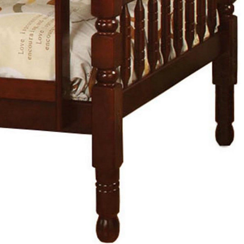 Spindle Design Twin Over Twin Bed with Attached Ladder Cherry Brown By Casagear Home BM217733