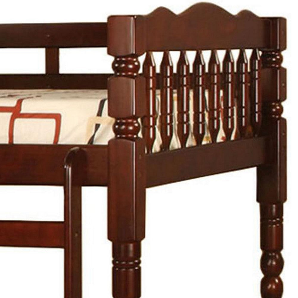 Spindle Design Twin Over Twin Bed with Attached Ladder Cherry Brown By Casagear Home BM217733