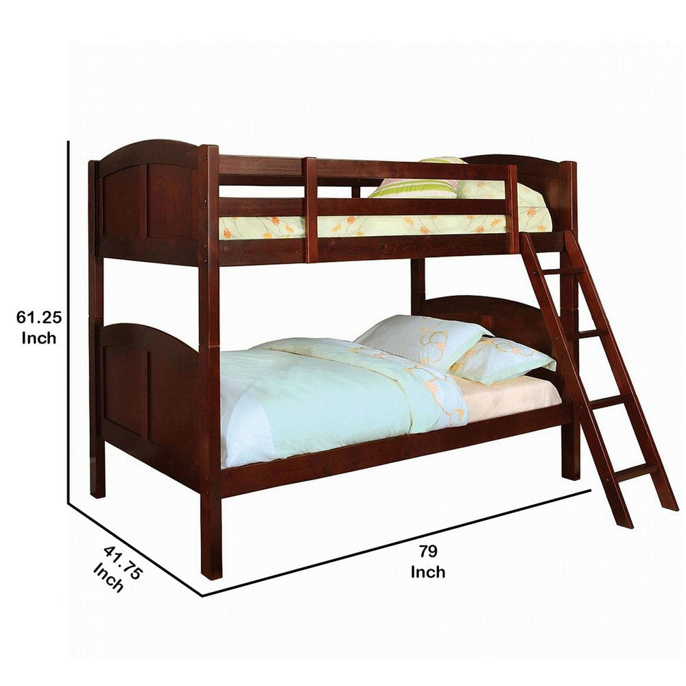 Arched Panel Design Twin Over Twin Bunk Bed with Angled Ladder Brown By Casagear Home BM217740