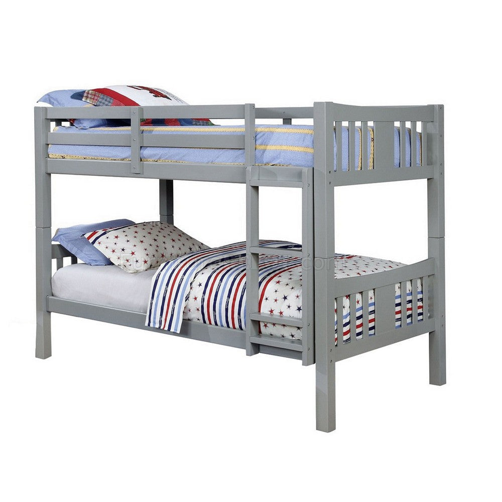 Slatted Twin Over Twin Bunk Bed with Attached Ladder, Gray By Casagear Home