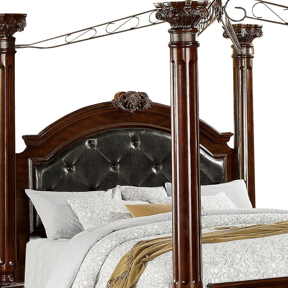 Queen Canopy Bed with Leatherette Headboard and Footboard Black and Brown By Casagear Home BM217767