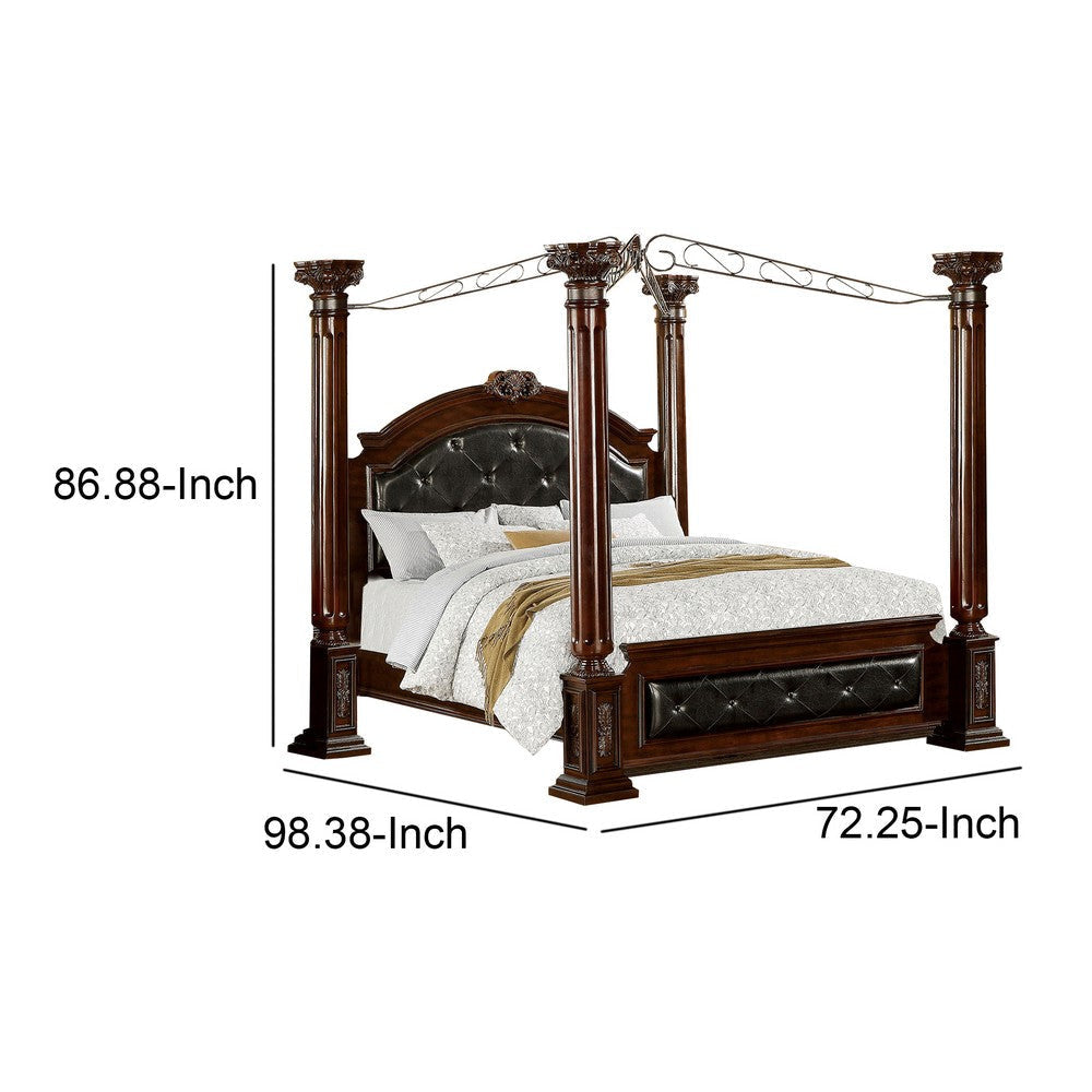 Queen Canopy Bed with Leatherette Headboard and Footboard Black and Brown By Casagear Home BM217767