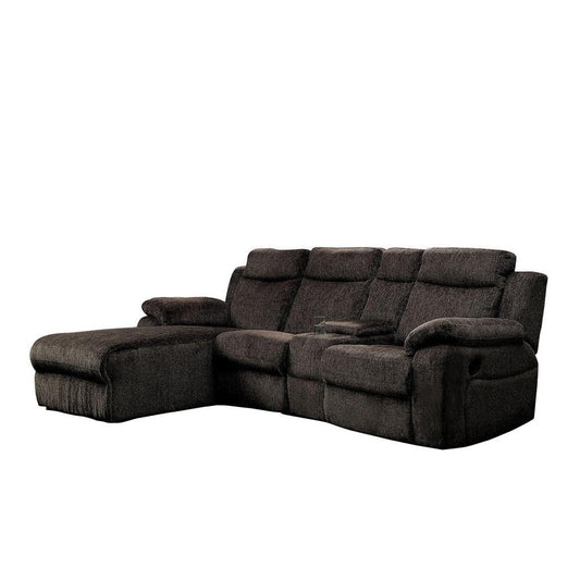 Fabric Upholstered Wooden Reclining Sectional with Cup Holders, Brown By Casagear Home