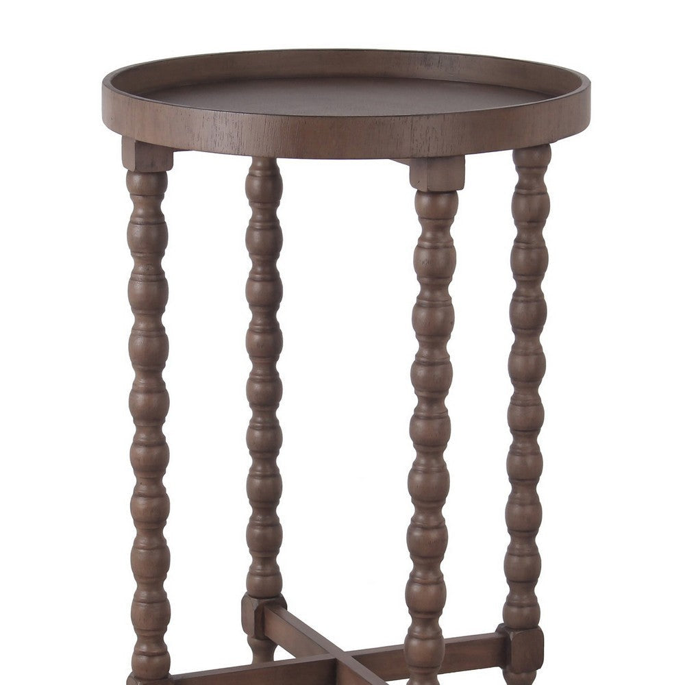 Wooden Round Accent Table with Tray Top and Beaded Turned Legs Brown By Casagear Home BM217915