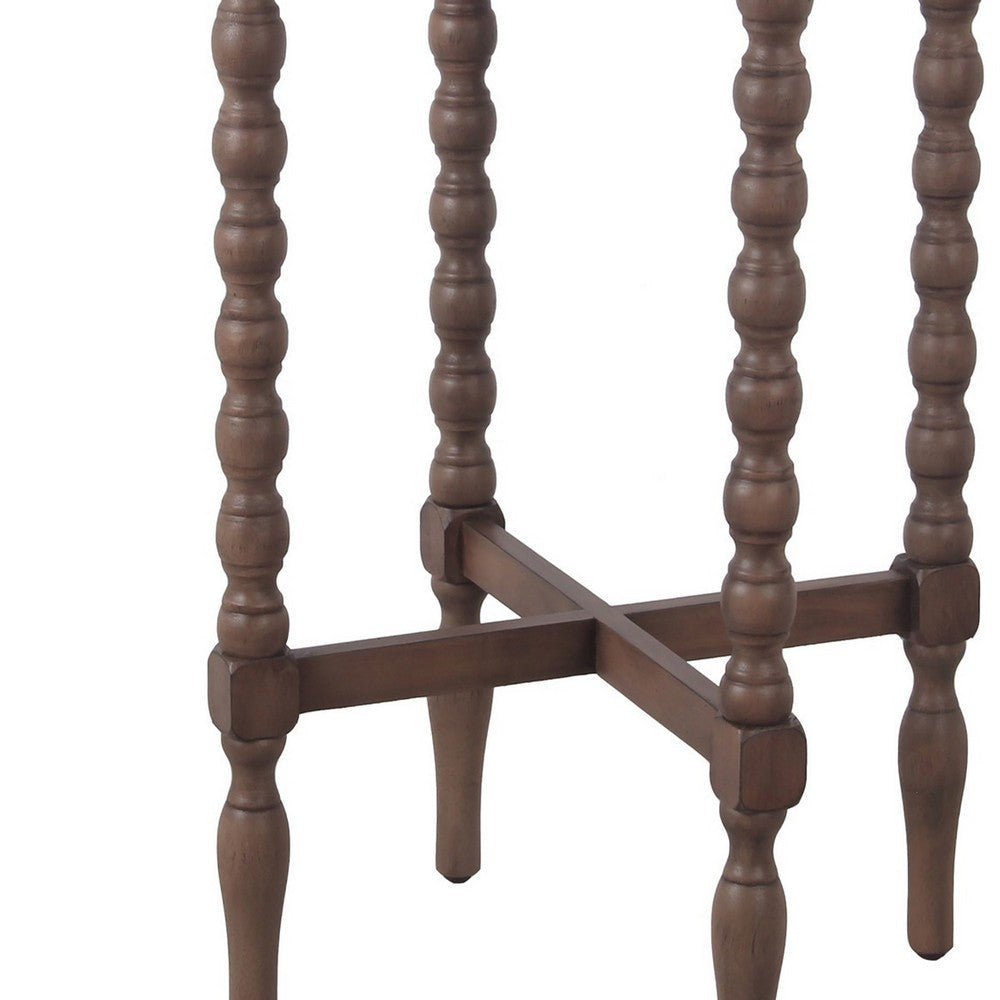 Wooden Round Accent Table with Tray Top and Beaded Turned Legs Brown By Casagear Home BM217915