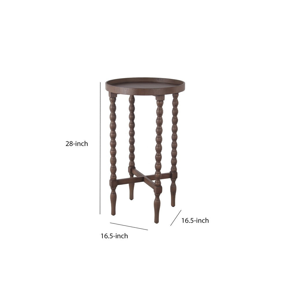 Wooden Round Accent Table with Tray Top and Beaded Turned Legs Brown By Casagear Home BM217915