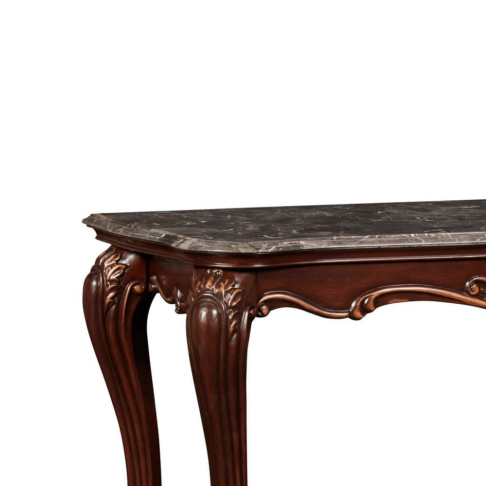 Wooden Console Table with Marble Top and Carved Details Gray and Brown By Casagear Home BM218025