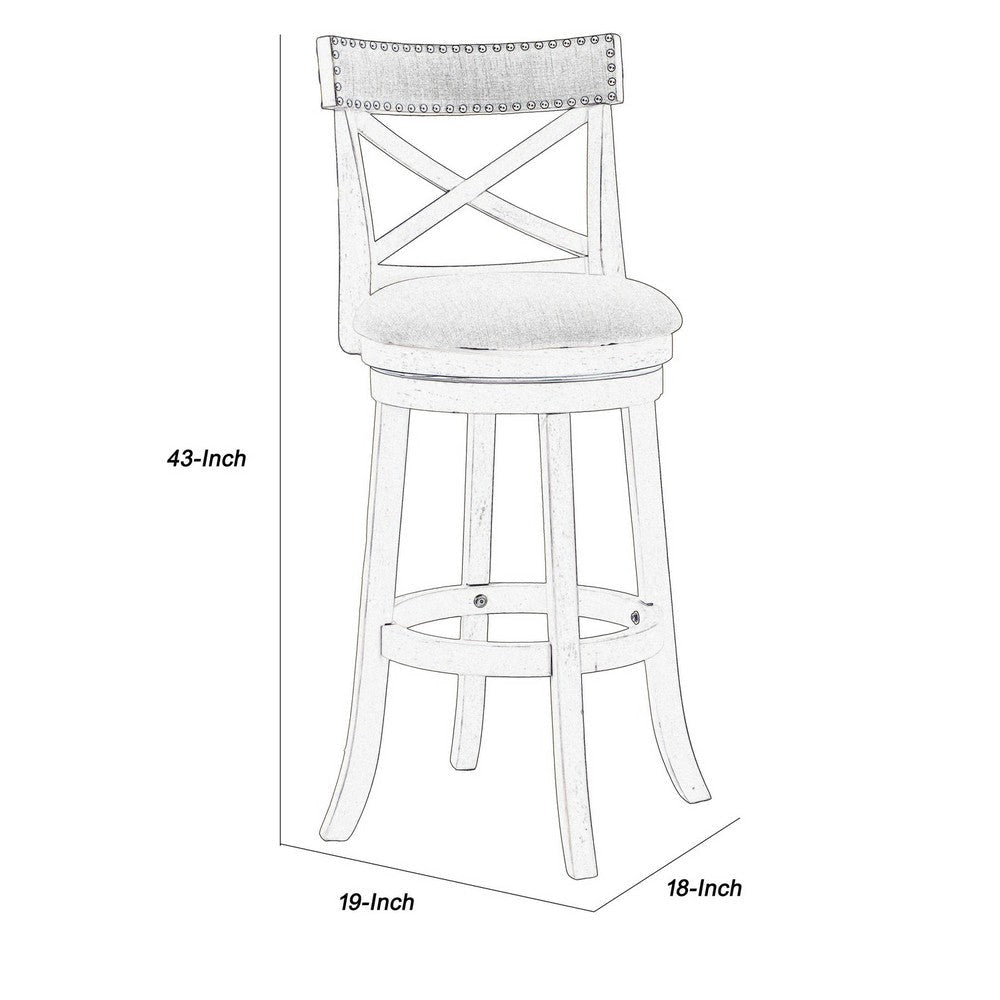 Curved X Shaped Back Swivel Barstool with Fabric Padded Seating Antique White By Casagear Home BM218132