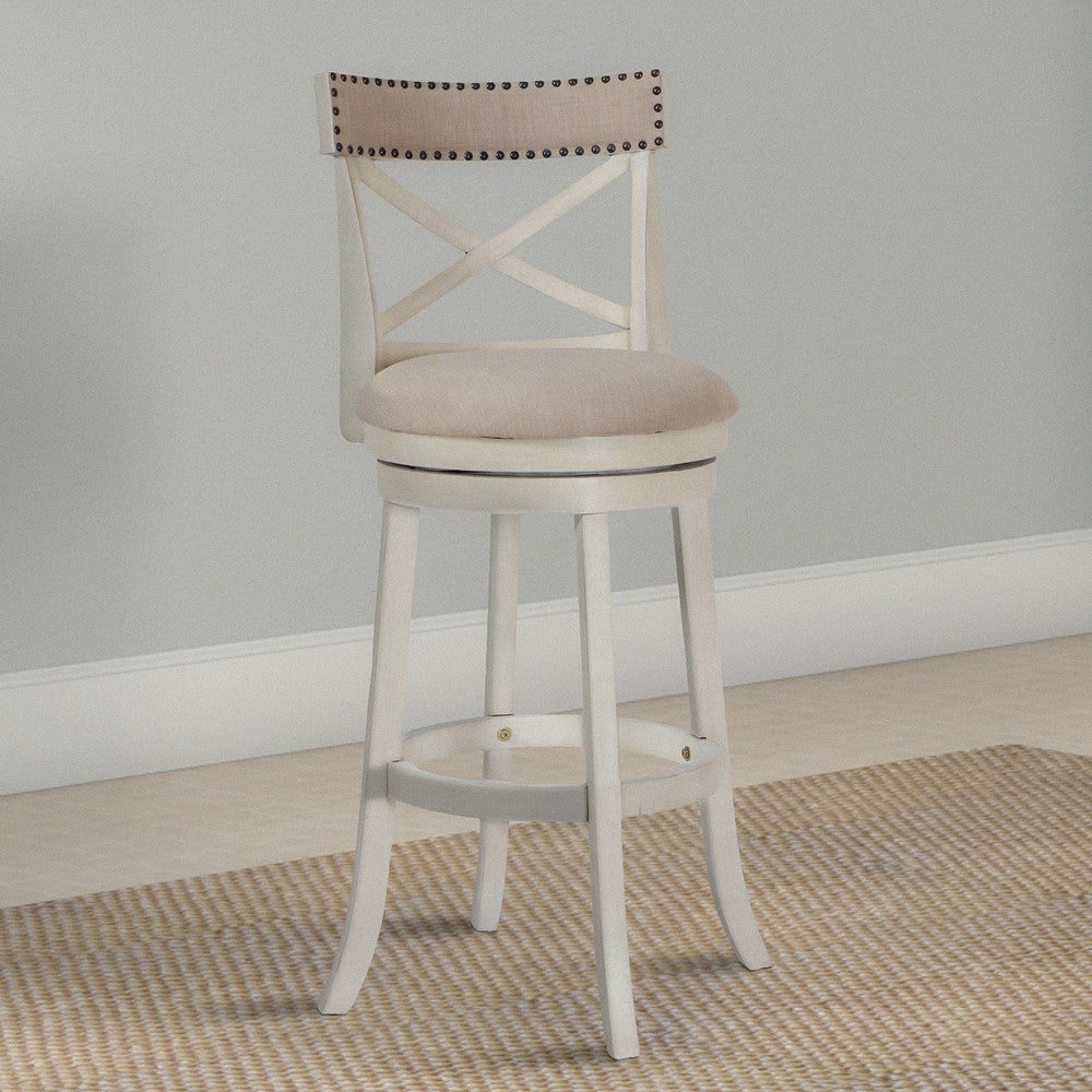 Curved X Shaped Back Swivel Barstool with Fabric Padded Seating Antique White By Casagear Home BM218132