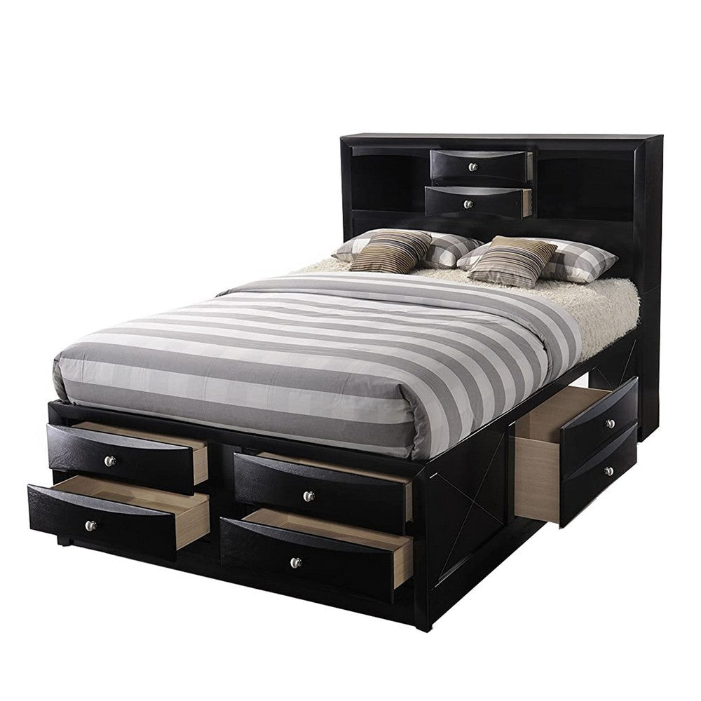 Eight Drawer Full Size Storage Bed with Bookcase Headboard, Black By Casagear Home