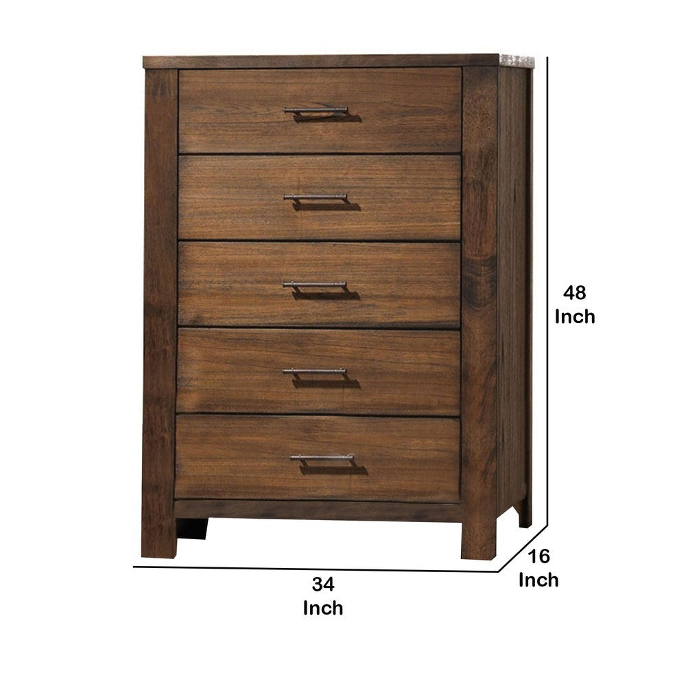 5 Drawer Wooden Chest with Metal Bar Handles and Block Legs Brown By Casagear Home BM218461