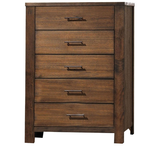 5 Drawer Wooden Chest with Metal Bar Handles and Block Legs, Brown By Casagear Home