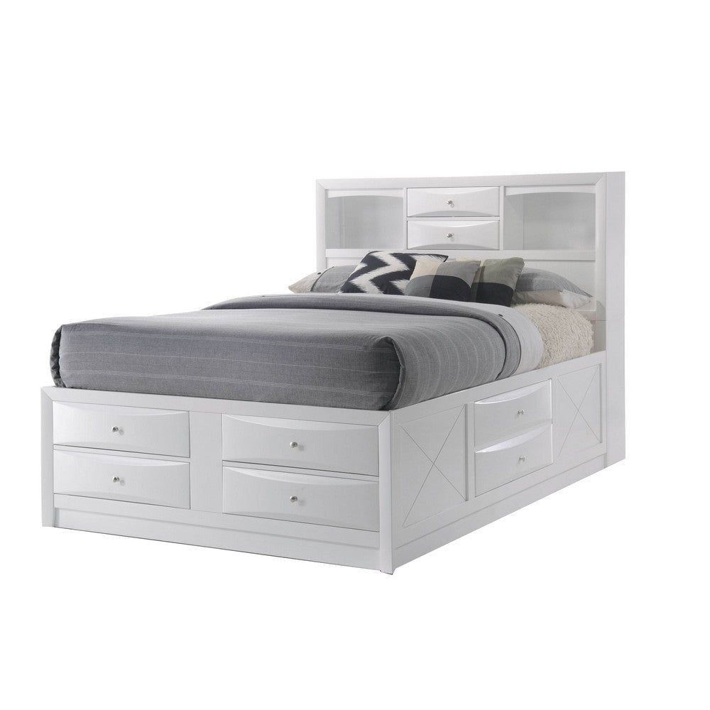 Eight Drawer Full Size Storage Bed with Bookcase Headboard White By Casagear Home BM218462