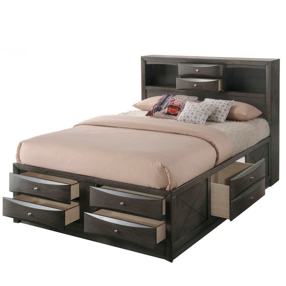 Panel Design Eastern King Size Bed with Bookcase and Drawers Taupe Brown By Casagear Home BM218471