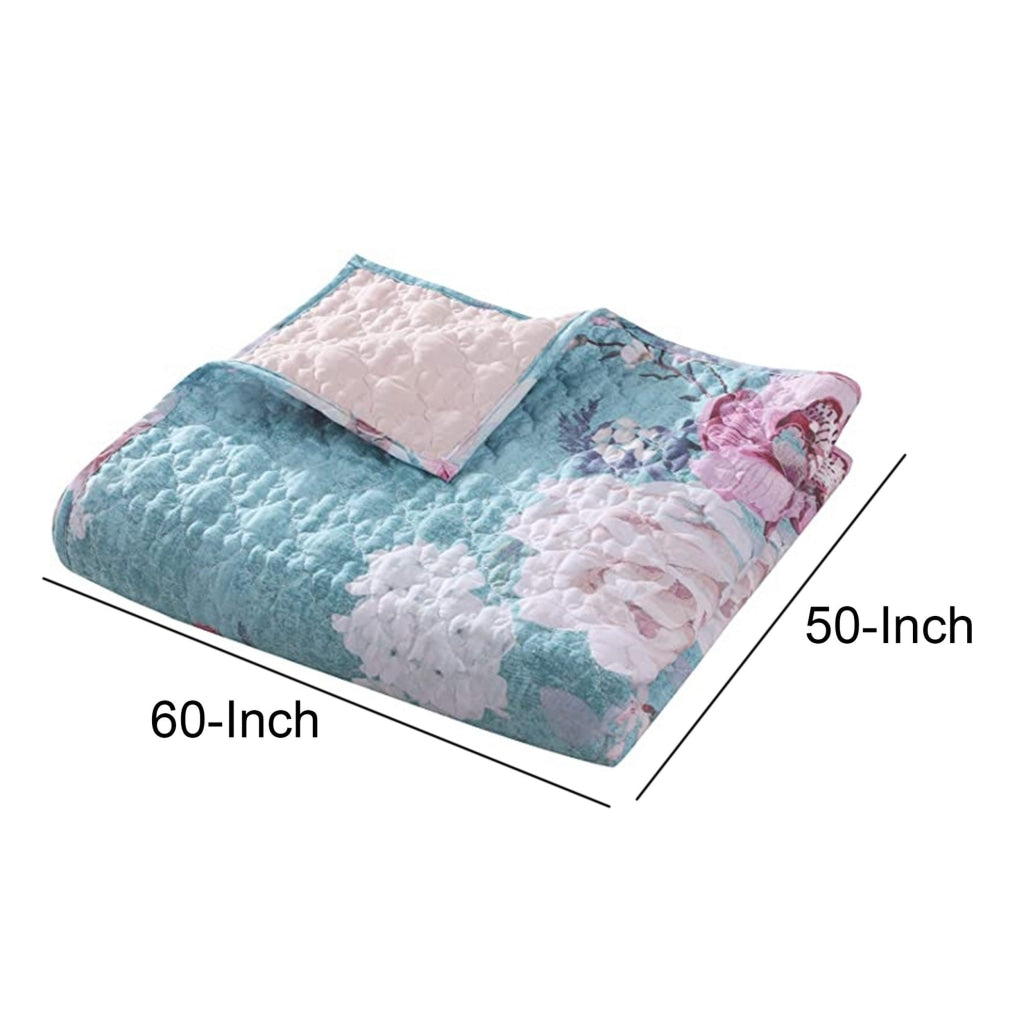 60 x 50 Inches Polyester Throw Blanket with Floral Print Blue and White By Casagear Home BM218731