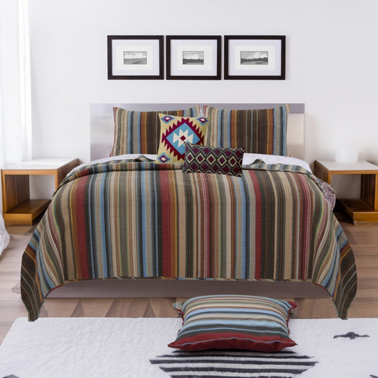 Stripe Pattern Cotton Quilt Set with 2 Quilt Shams and 2 Pillows,Multicolor By Casagear Home