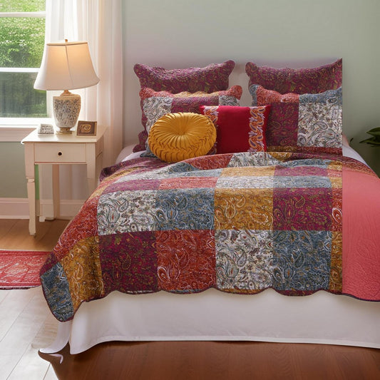 3 Piece Cotton Full Size Quilt Set with Paisley Print, Multicolor By Casagear Home