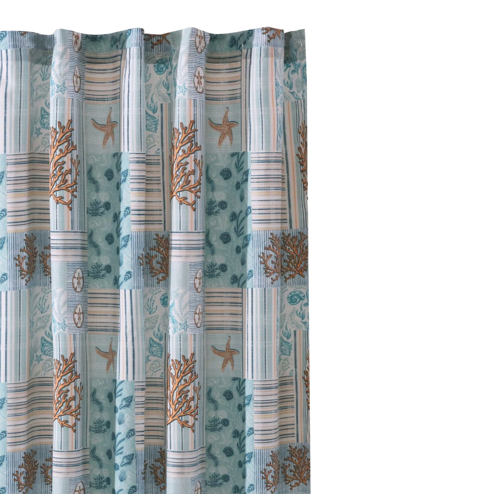 Sea Life Print Shower Curtain with Button holes Blue and Brown By Casagear Home BM218852