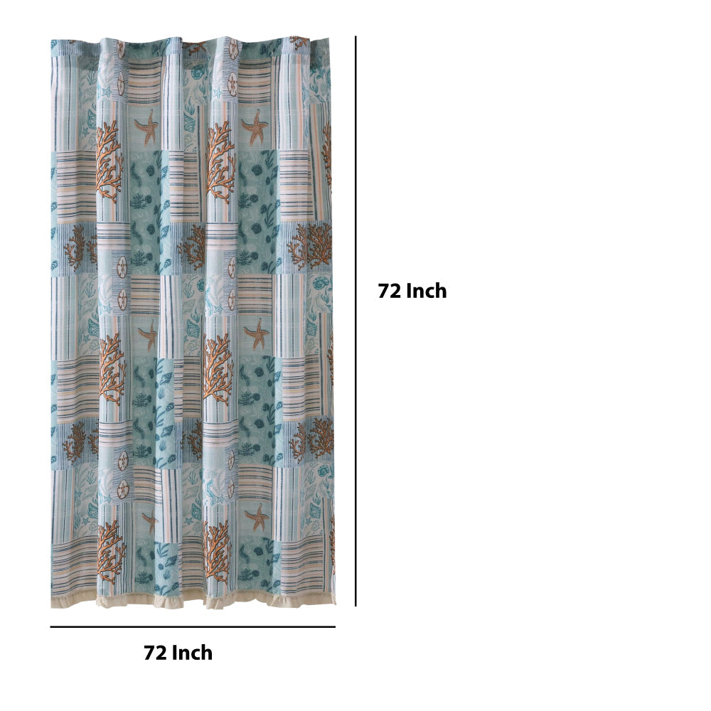 Sea Life Print Shower Curtain with Button holes Blue and Brown By Casagear Home BM218852