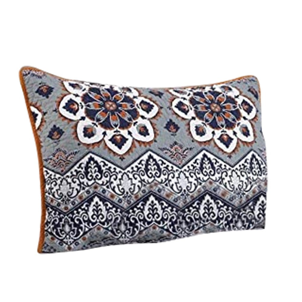 Damask Print Queen Quilt Set with Embroidered Pillows Blue and Orange By Casagear Home BM218882