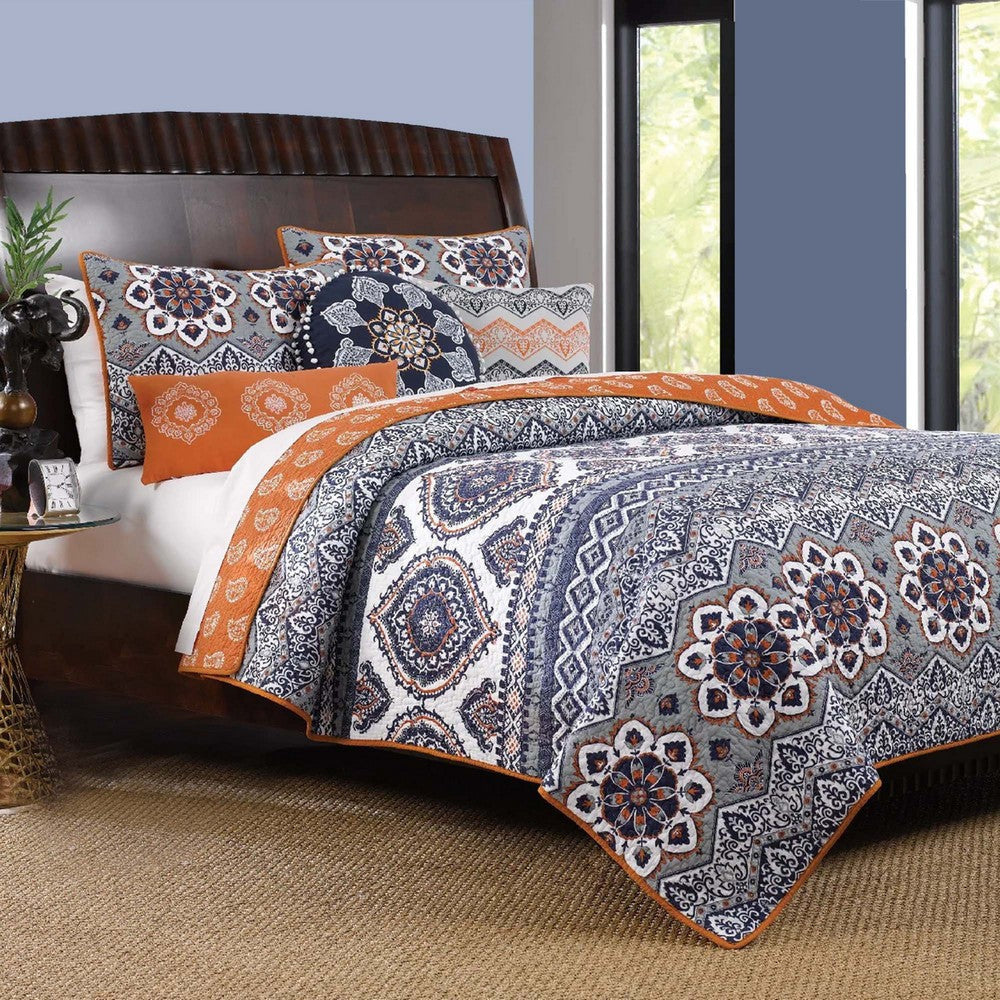 Damask Print Queen Quilt Set with Embroidered Pillows, Blue and Orange By Casagear Home