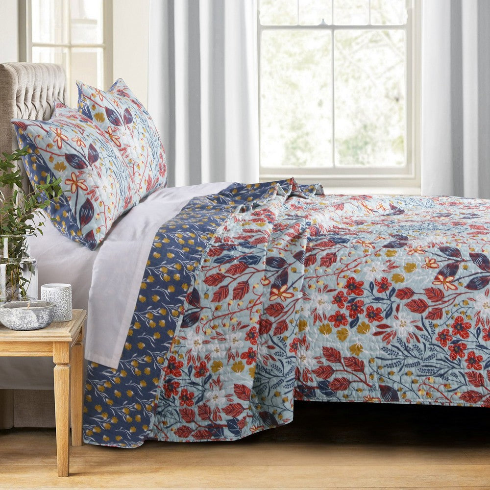 King Size 3 Piece Polyester Quilt Set with Floral Prints, Multicolor By Casagear Home