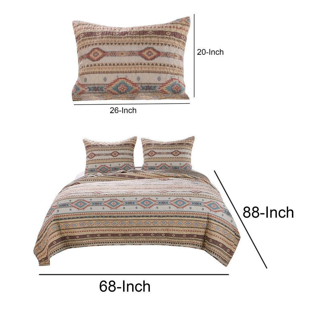 Twin Size 2 Piece Polyester Quilt Set with Kilim Pattern Multicolor By Casagear Home BM218907