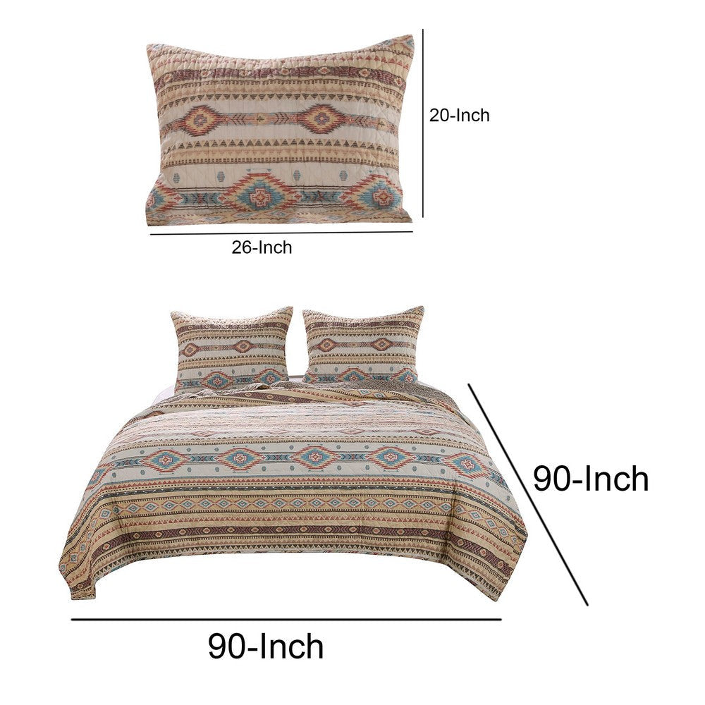 Full Size 3 Piece Polyester Quilt Set with Kilim Pattern Multicolor By Casagear Home BM218908