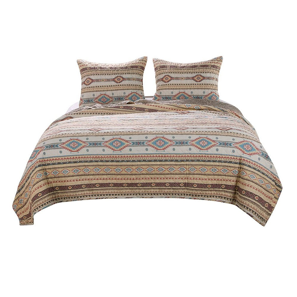 Full Size 3 Piece Polyester Quilt Set with Kilim Pattern Multicolor By Casagear Home BM218908