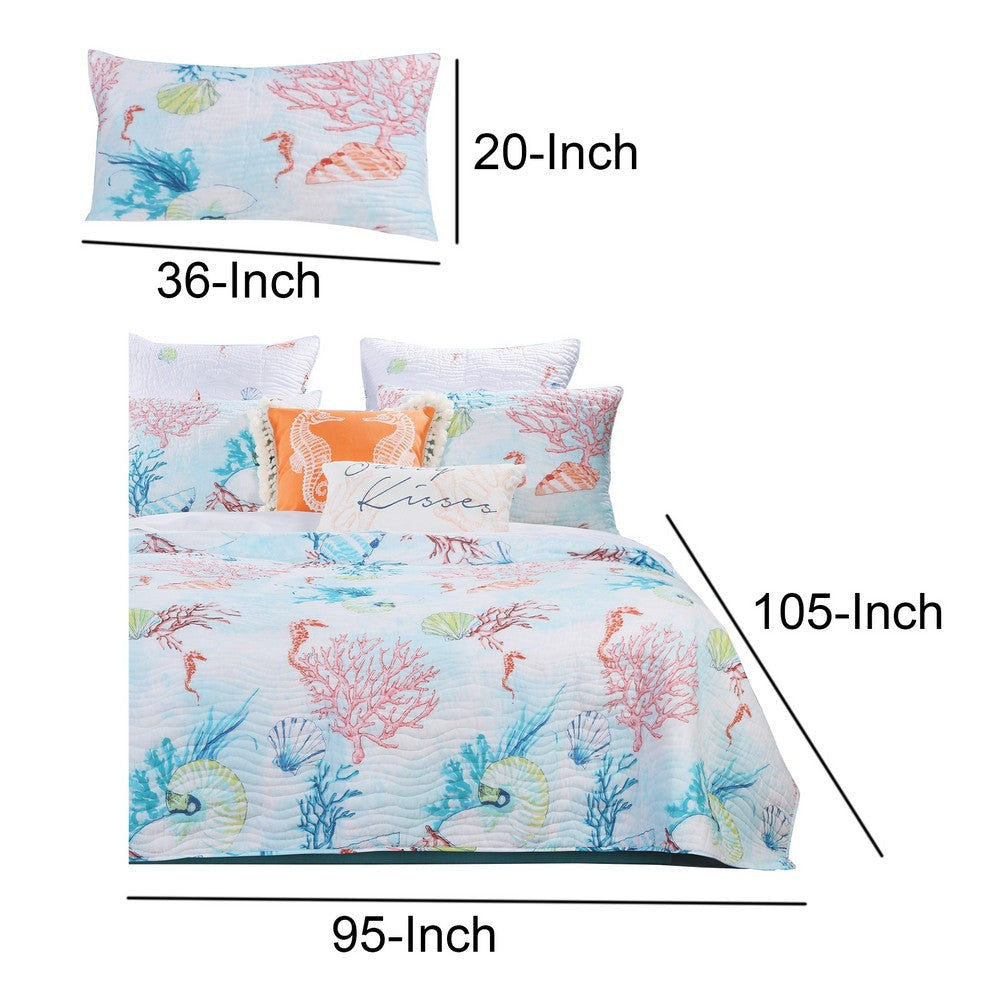 King Size 3 Piece Polyester Quilt Set with Coral Prints Multicolor By Casagear Home BM218931