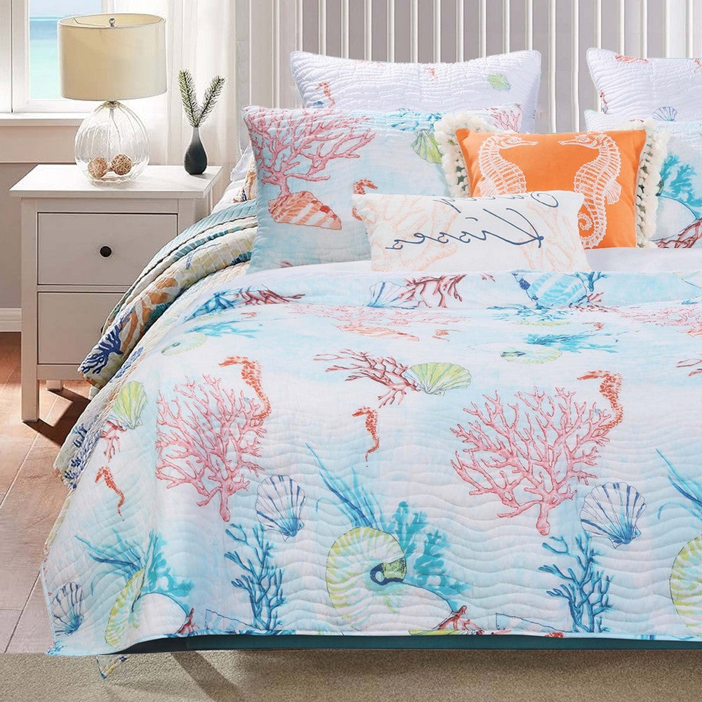 King Size 3 Piece Polyester Quilt Set with Coral Prints, Multicolor By Casagear Home