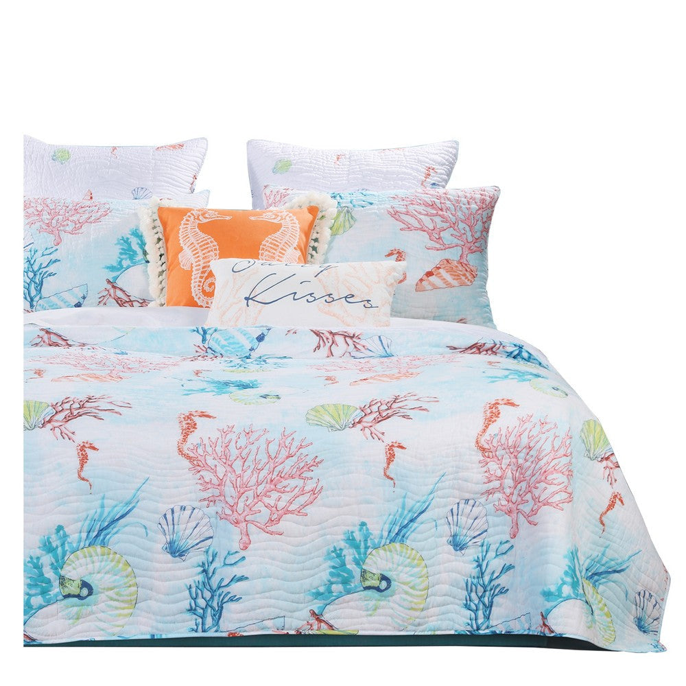 King Size 3 Piece Polyester Quilt Set with Coral Prints Multicolor By Casagear Home BM218931