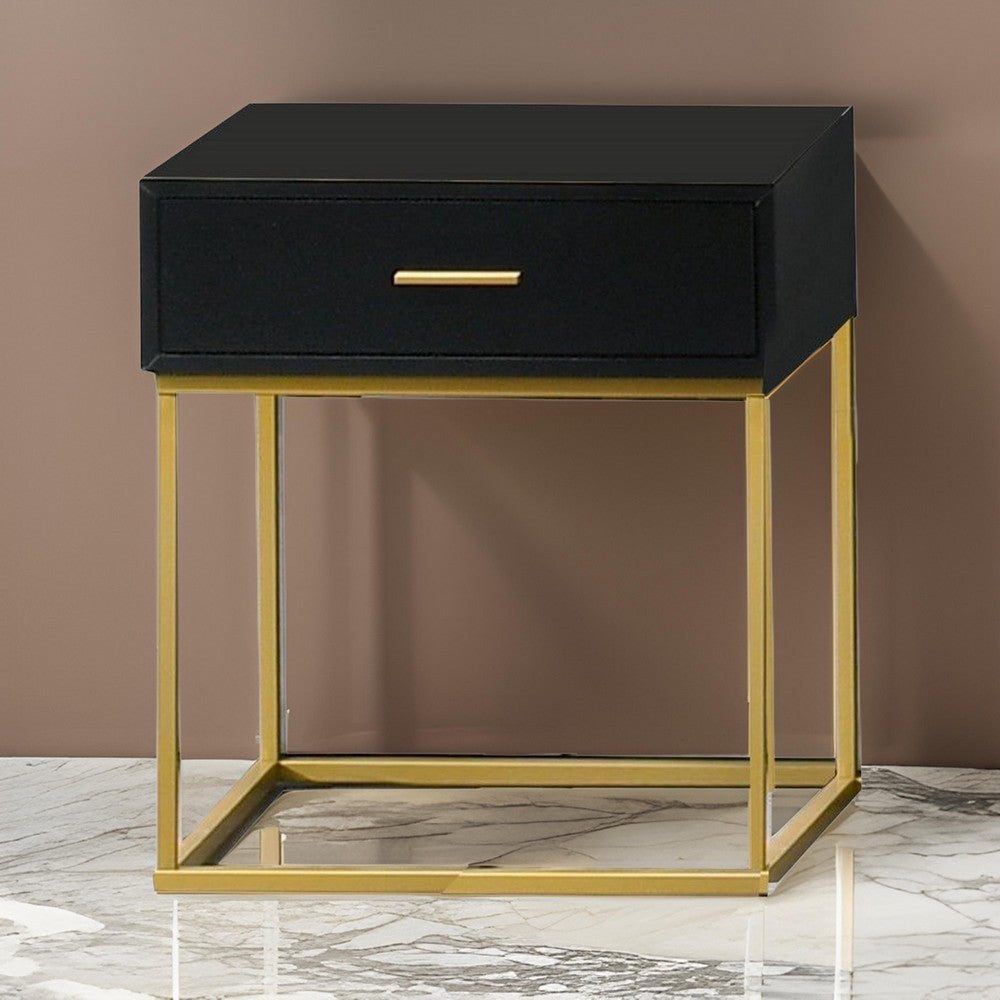 1 Drawer Wooden Nightstand with Metal Legs, Black and Gold By Casagear Home