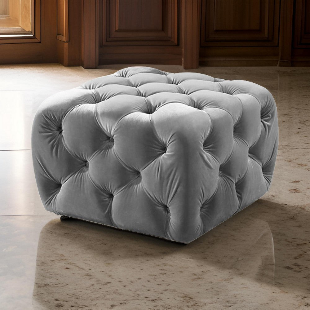 Button Tufted Velvet Fabric Upholstered Wooden Ottoman, Gray By Casagear Home