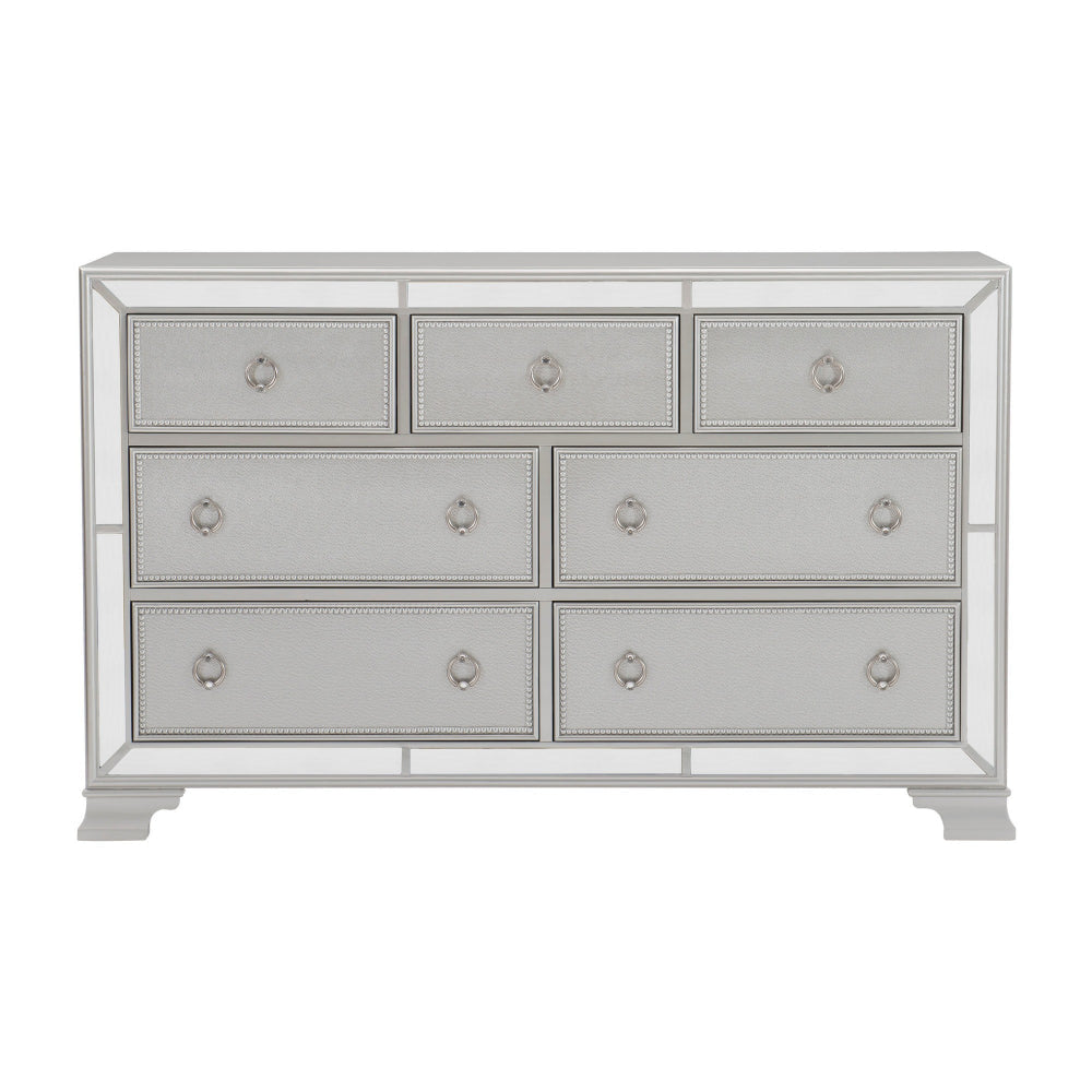 7 Drawer Wooden Dresser with Mirror Trim and Ring Pulls Silver By Casagear Home BM219008