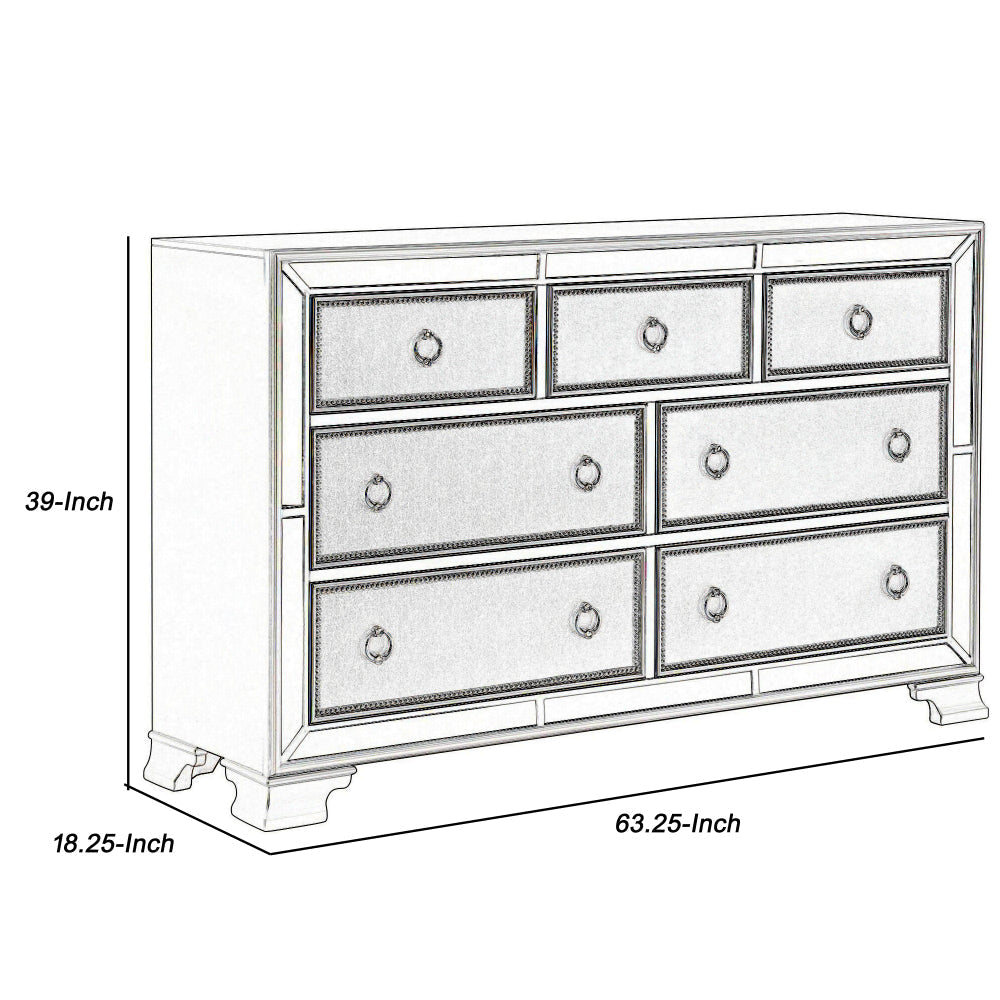 7 Drawer Wooden Dresser with Mirror Trim and Ring Pulls Silver By Casagear Home BM219008