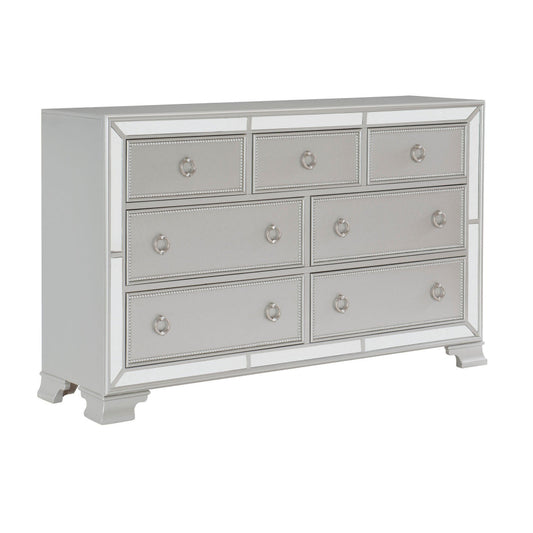 7 Drawer Wooden Dresser with Mirror Trim and Ring Pulls, Silver By Casagear Home