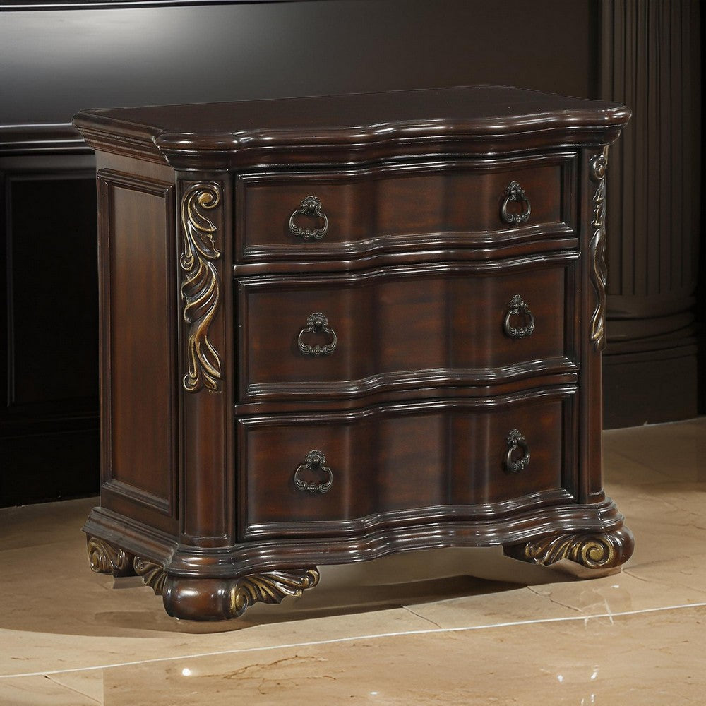 32" 3-Drawer Nightstand with Carved Pilaster, Cherry Brown By Casagear Home