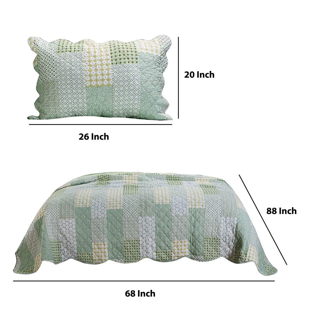 Reversible Fabric Twin Size Quilt Set with Geometric Pattern Motif Green By Casagear Home BM219433