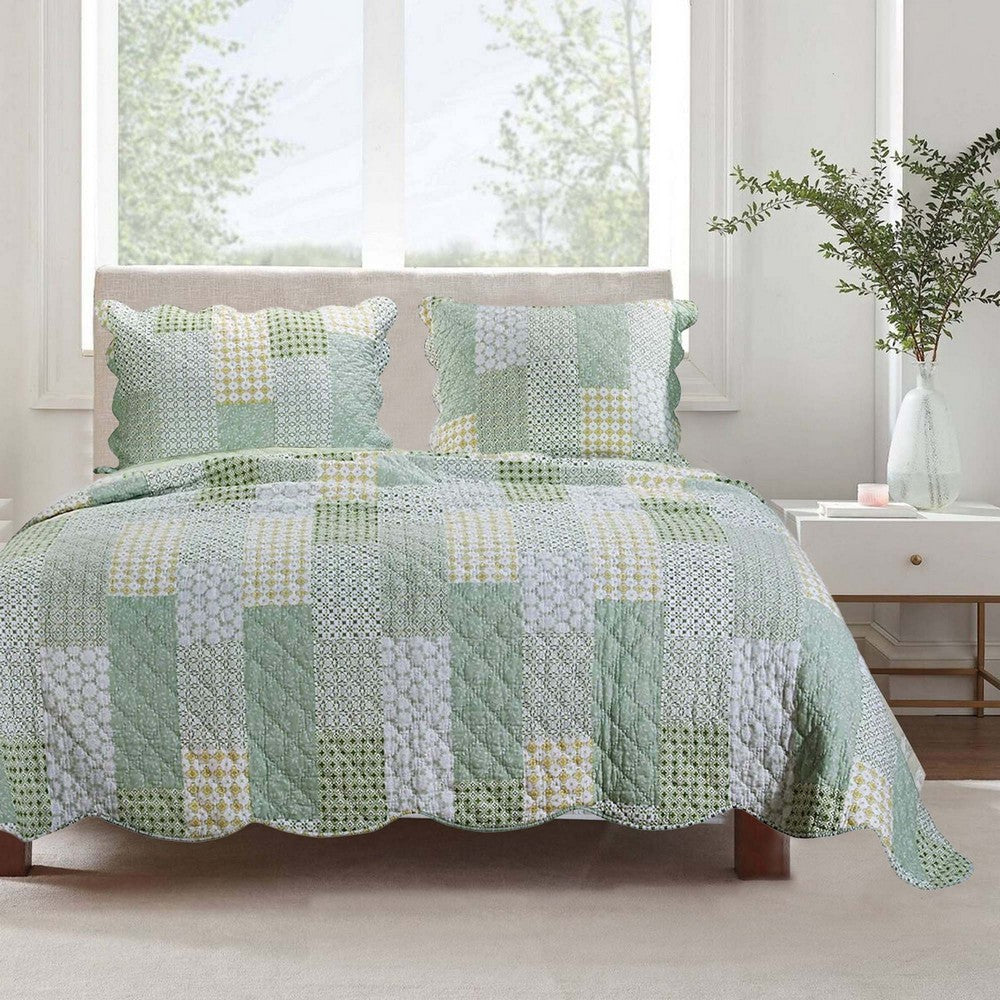 Reversible Fabric Queen Size Quilt Set with Geometric Pattern Motifs,Green By Casagear Home